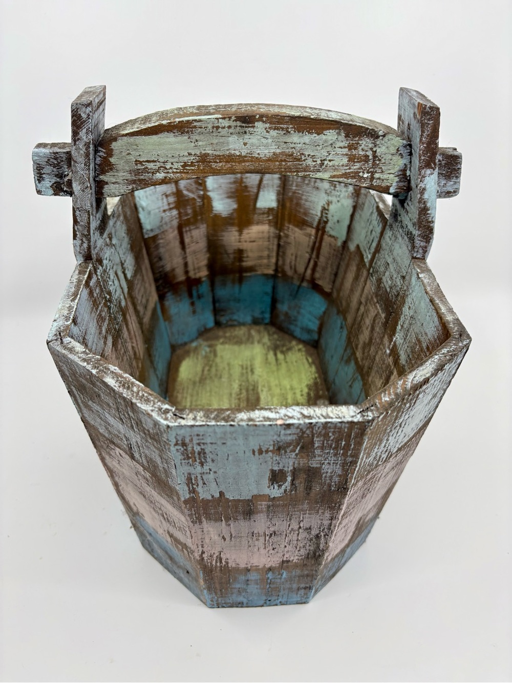 LOW START Rustic Distressed Wood Basket with Handle Blue, Pink Brown, 10”x13”x7” - Picture 3 of 6